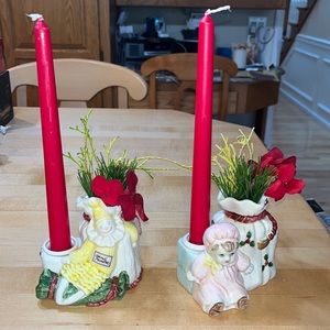 Fitz and Floyd clown and doll set of candleholder/vase 1988 hand painted Vintage